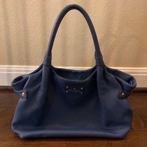 14” Kate Spade Navy Blue Cowhide Full Grain Leather Logo Hobo Tote Purse Satchel